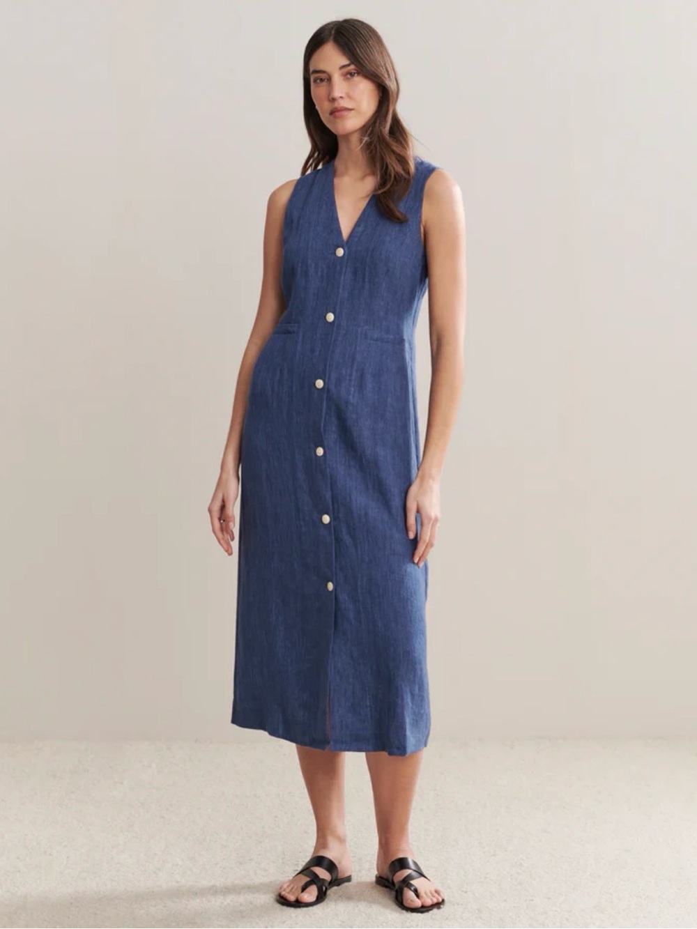Jenni Kayne Callan Linen Dress Chambray Blue NWT L Midi Button Front Minimalist - Picture 2 of 13